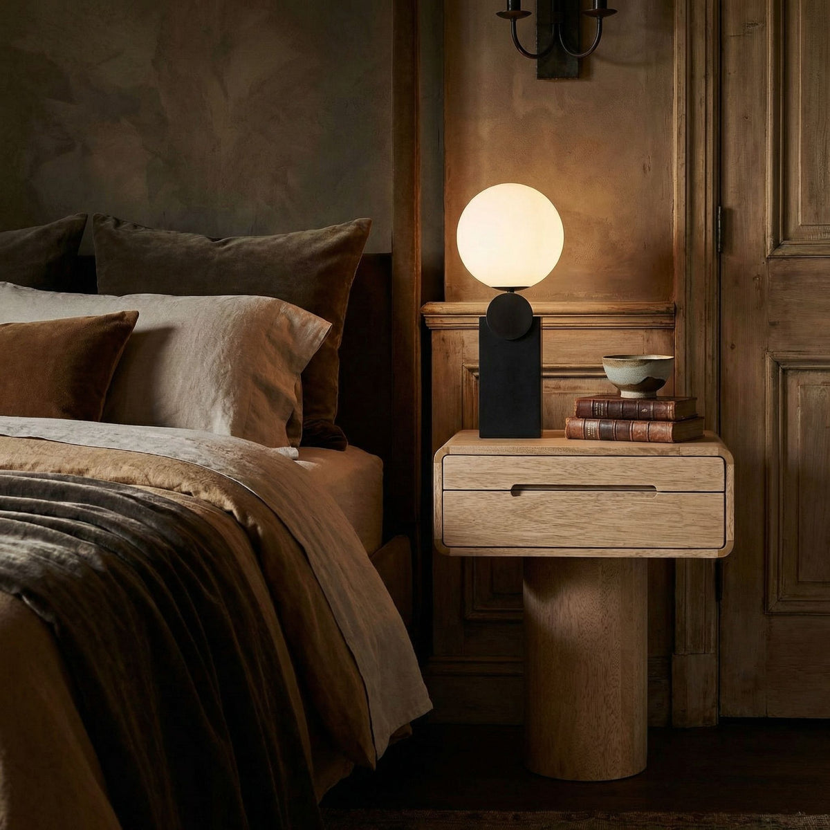 Noir Langford Side Table Washed Walnut styled in an interior setting
