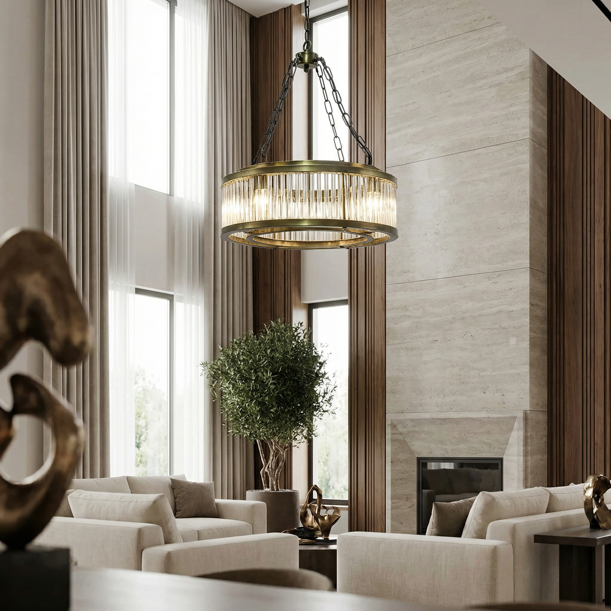 Noir Petronas Chandelier Antique Brass styled in an interior setting