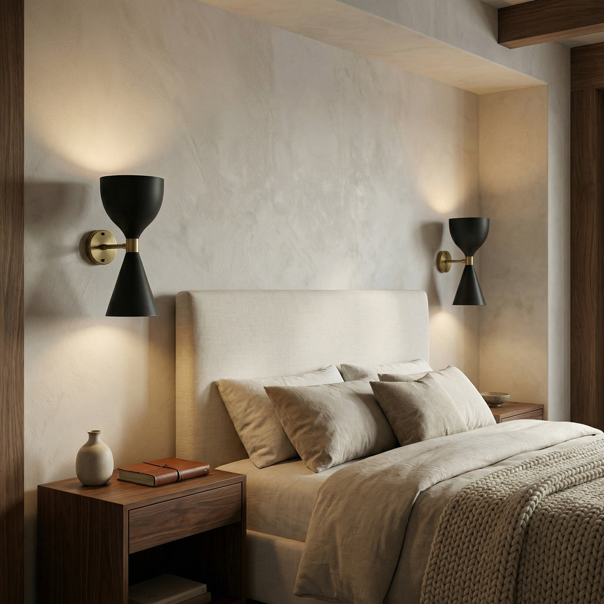 Noir Aegeon Wall Sconce Matte Black, Antique Brass styled in an interior setting