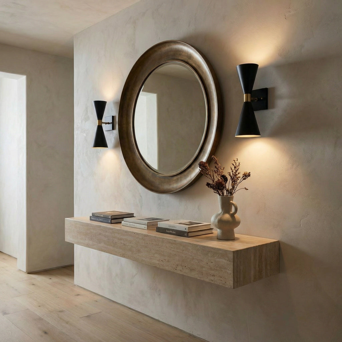 Noir Ariel Wall Sconce Matte Black, Antique Brass styled in an interior setting
