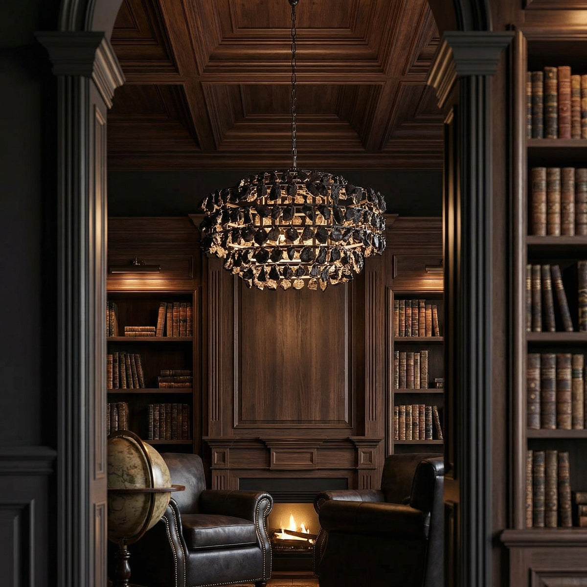 Noir Vulcan Chandelier Matte Black styled in an interior setting