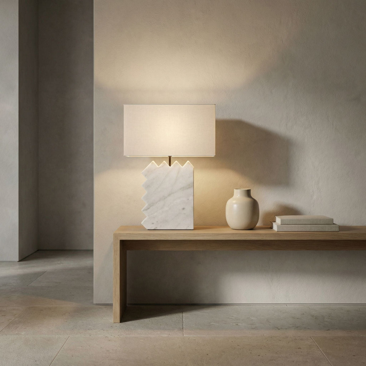 Noir Gaheris Table Lamp With Shade White Marble styled in an interior setting