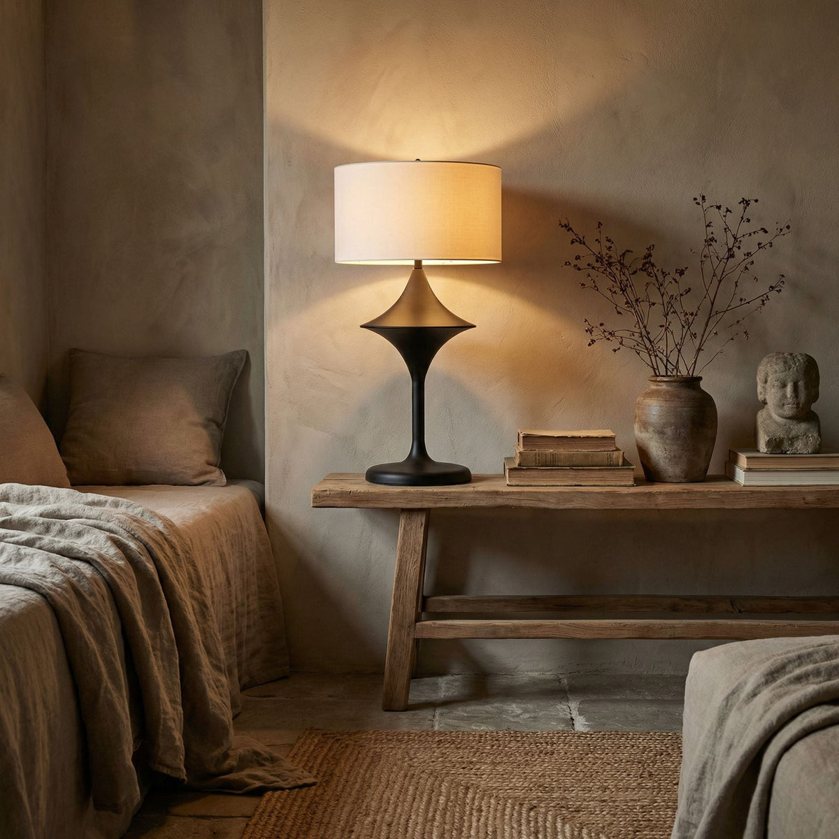 Noir Wilder Lamp With Shade Matte Black styled in an interior setting