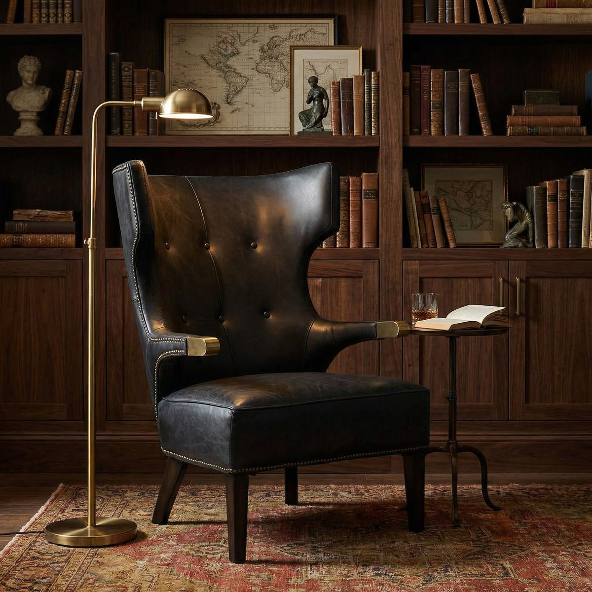 Noir Heracles Lounge Chair Antique Brass, Black styled in an interior setting