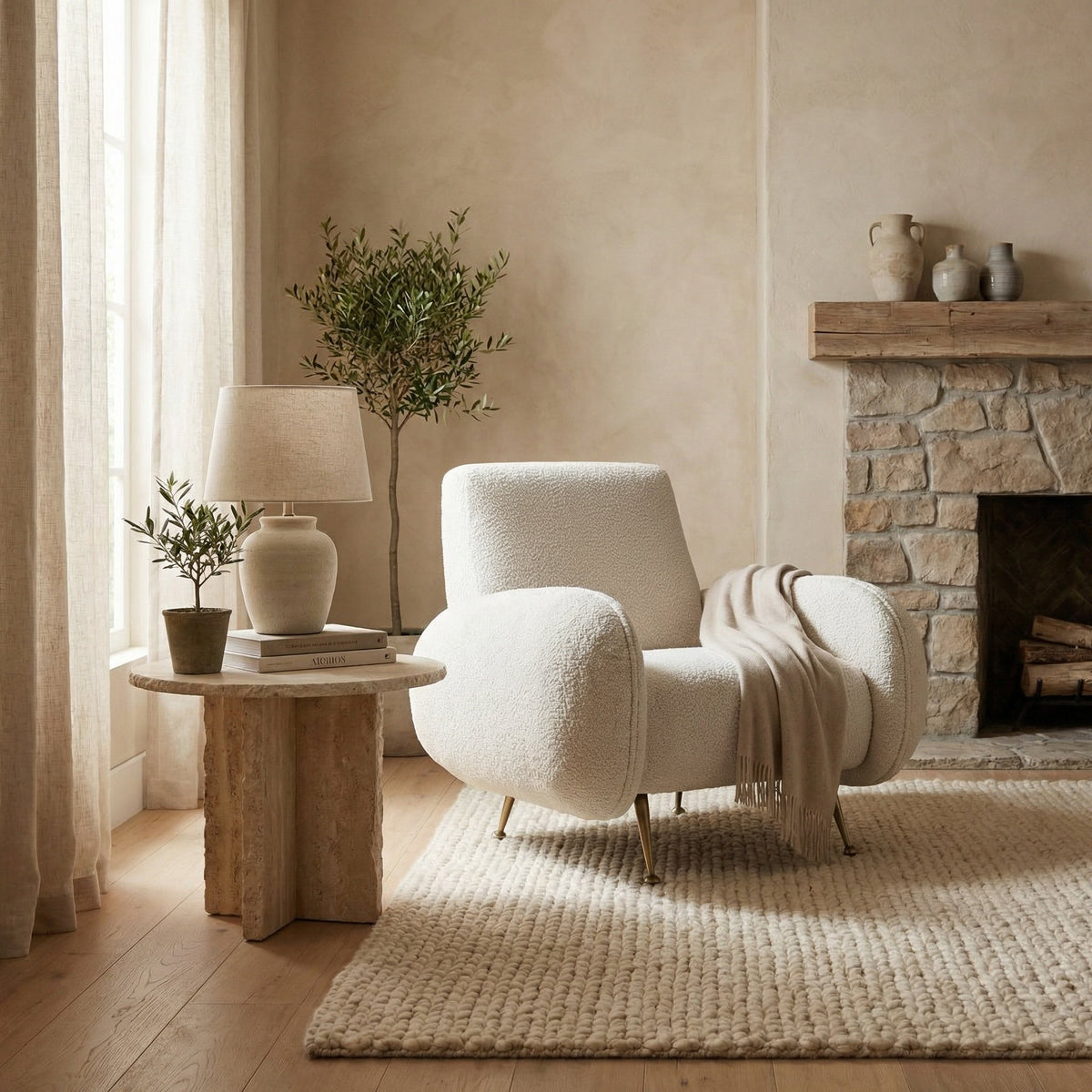 Noir Hera Lounge Chair Antique Brass, Off-White styled in an interior setting