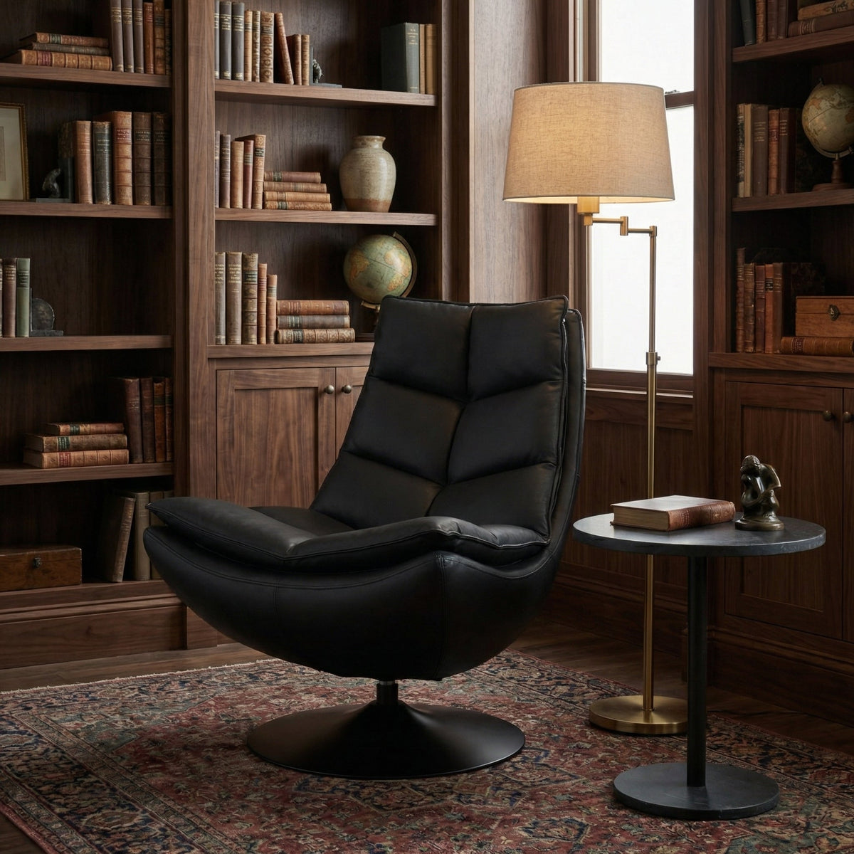 Noir Dante Swivel Chair Santosa Matte Black and Black Powder Coat styled in an interior setting