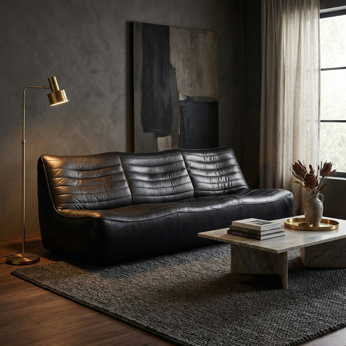 Noir McClain 3 Seater Onyx Black styled in an interior setting
