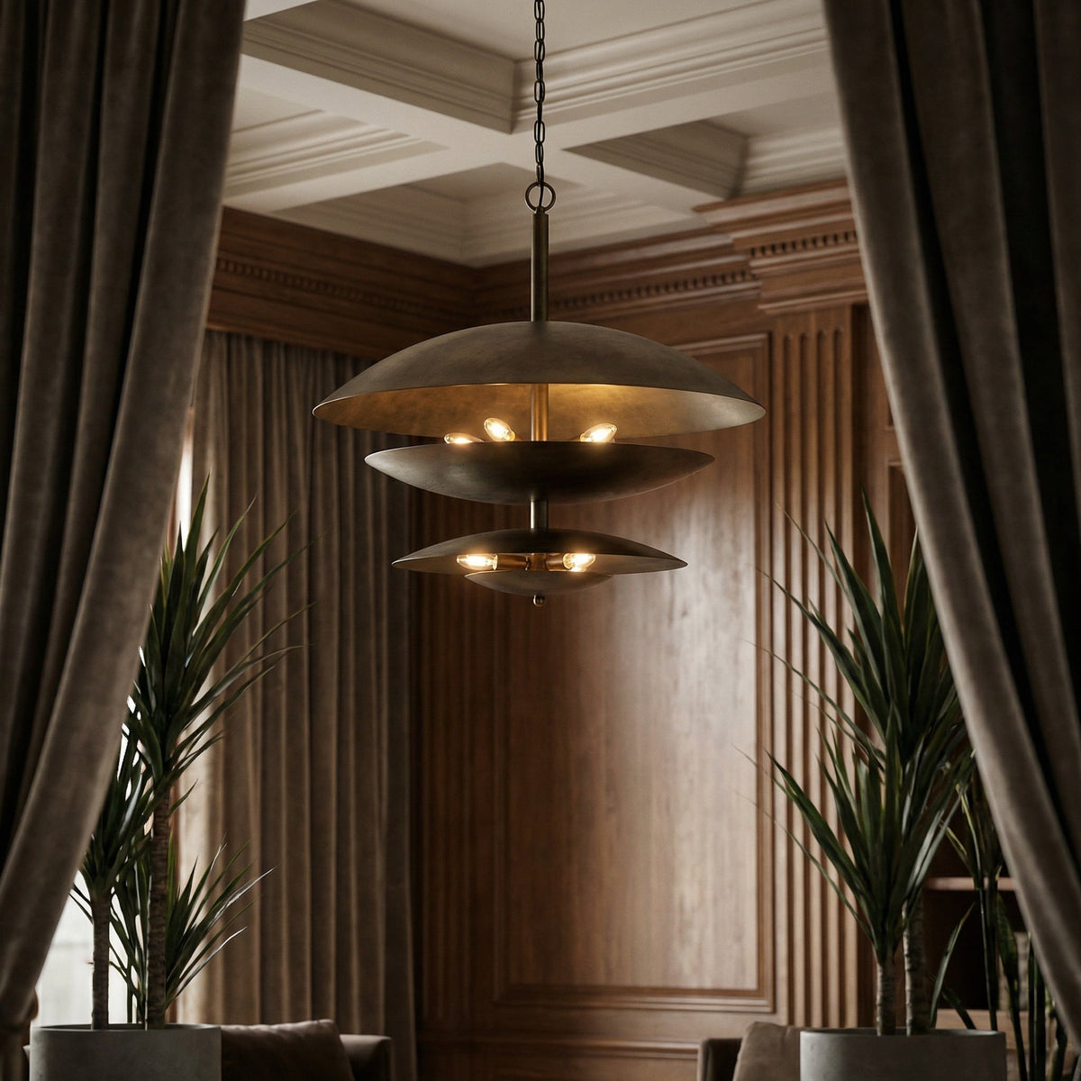 Noir Nora Chandelier Aged Brass styled in an interior setting