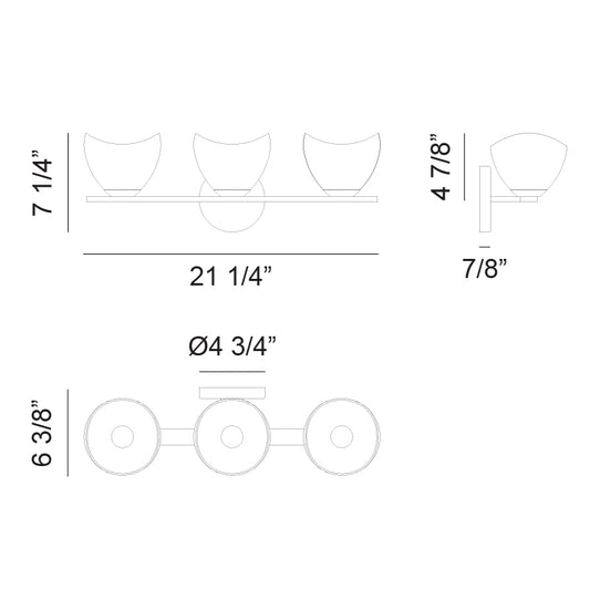 Matteo Lighting Uptowne 21" 3-Light Bath Vanity Light – line drawing with dimensions