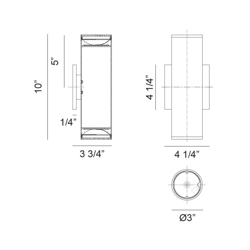 Matteo Lighting Tubular 10" 2-Light LED Outdoor Wall Sconce – line drawing with dimensions