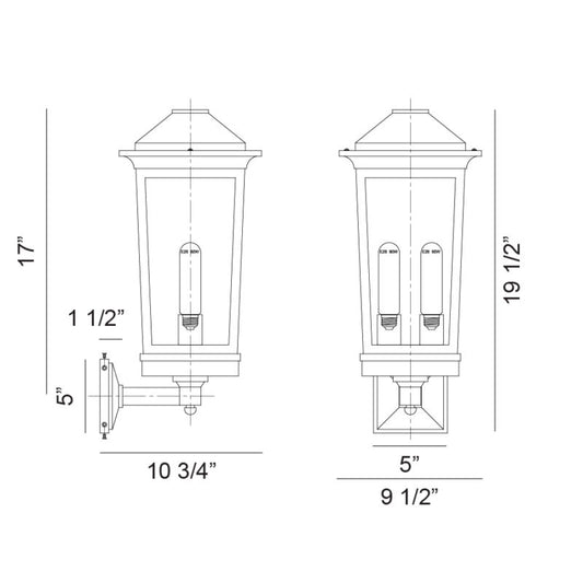 Matteo Lighting Ardenno 20" 2-Light Outdoor Wall Lantern – line drawing with dimensions