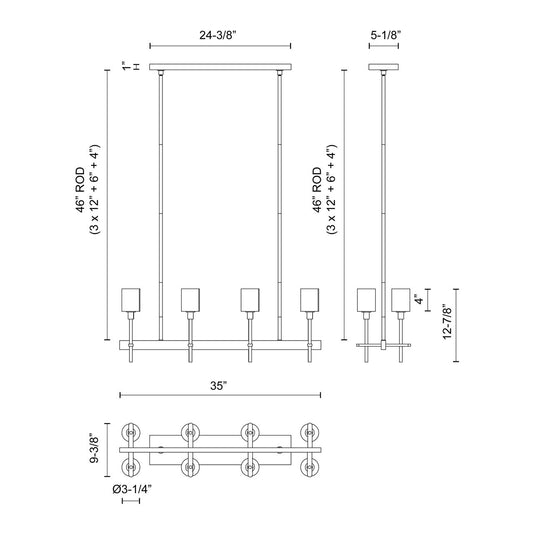 Salita Linear Chandelier, 8-Light, Polished Nickel, Ribbed Crystal, 35"L LP314308PNRC