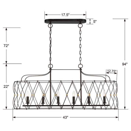 Zucca 6 Light Linear Chandelier - English Bronze & Antique Gold
