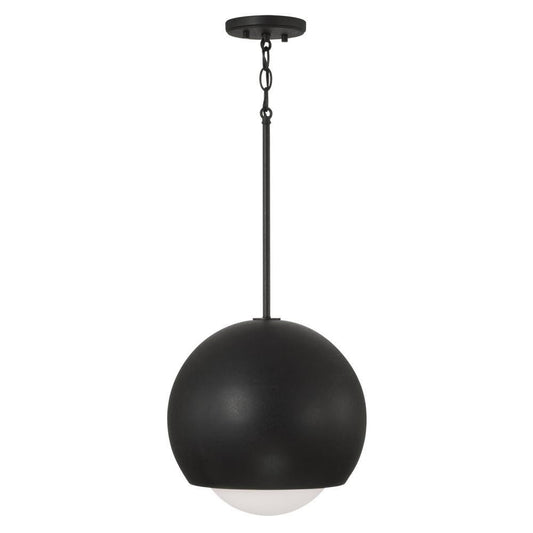 Capital 1-Light Circular Globe Pendant in Black Iron with Soft White Glass