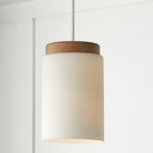 Capital 1-Light Cylindrical Pendant in White with Mango Wood and Soft White Glass