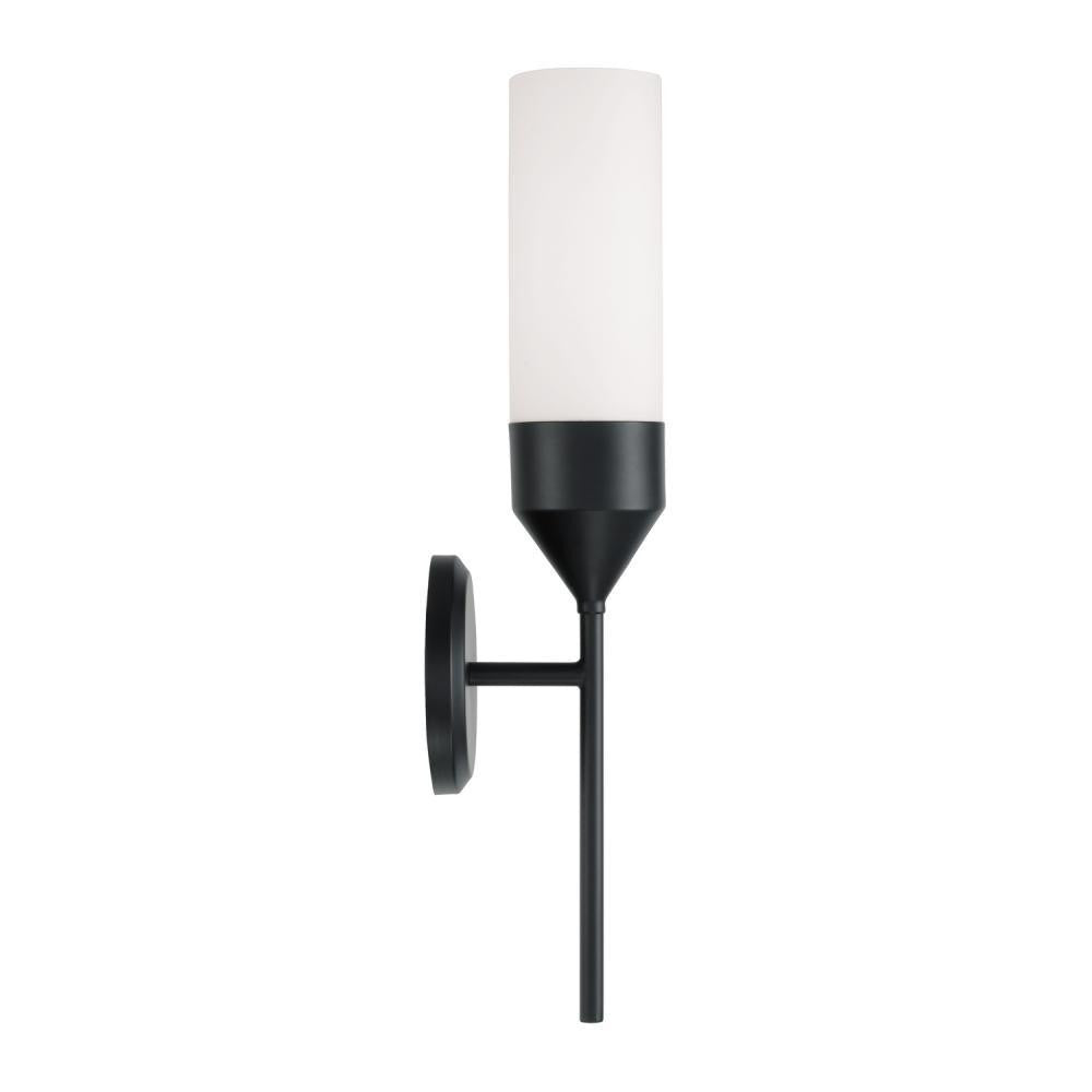 Capital 1-Light Cylindrical Sconce in Matte Black with Soft White Glass