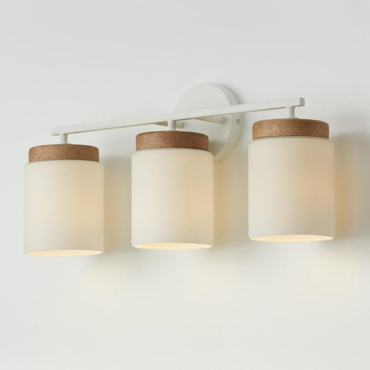 Capital 3-Light Cylindrical Vanity in White with Mango Wood and Soft White Glass