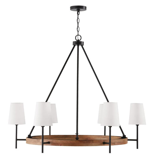 Capital 6-Light Chandelier in Matte Black and Mango Wood with Removable White Fabric Shades