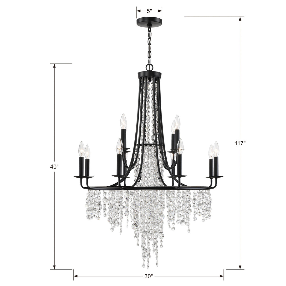 Crystorama Gabrielle Chandelier - Matte Black, Hand Cut Crystal 40"H