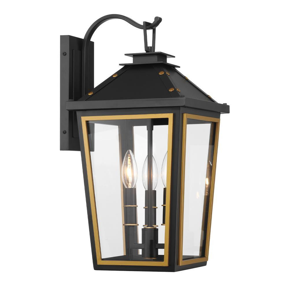Crystorama Hawkins 3 Light Outdoor Wall Sconce Matte Black, Textured Gold
