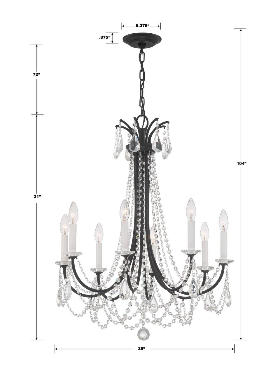 Crystorama Karrington Chandelier - Matte Black, Hand Cut Crystal 31"H