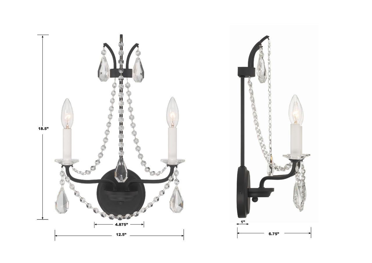 Crystorama Karrington Wall Sconce - Matte Black, Hand Cut Crystal 18.5"H