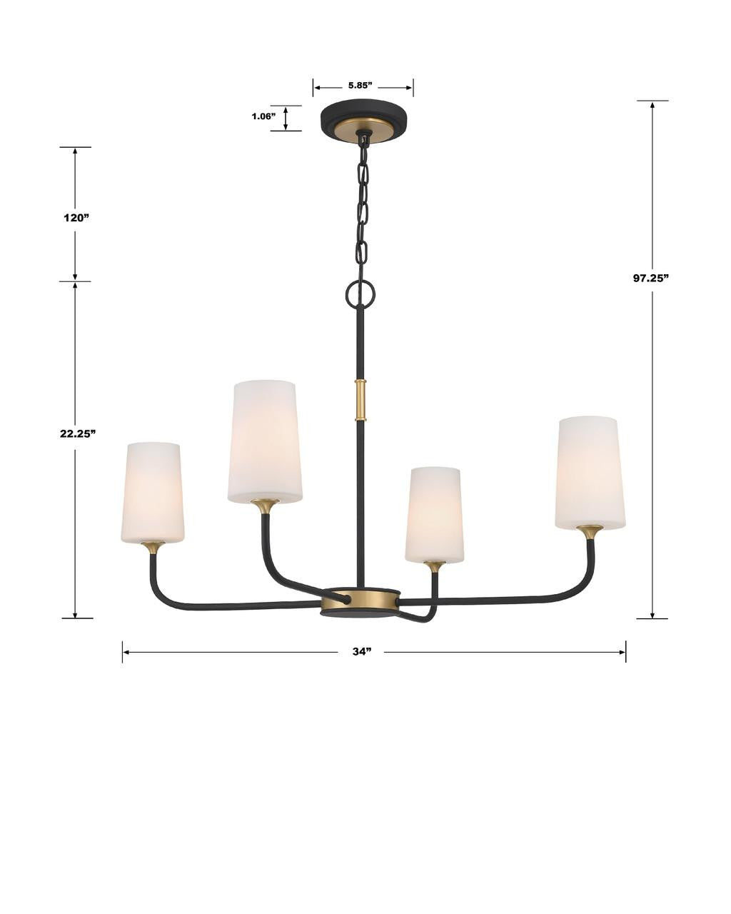 Crystorama Niles 4 Light Chandelier - Black Forged, Modern Gold 22.25"H
