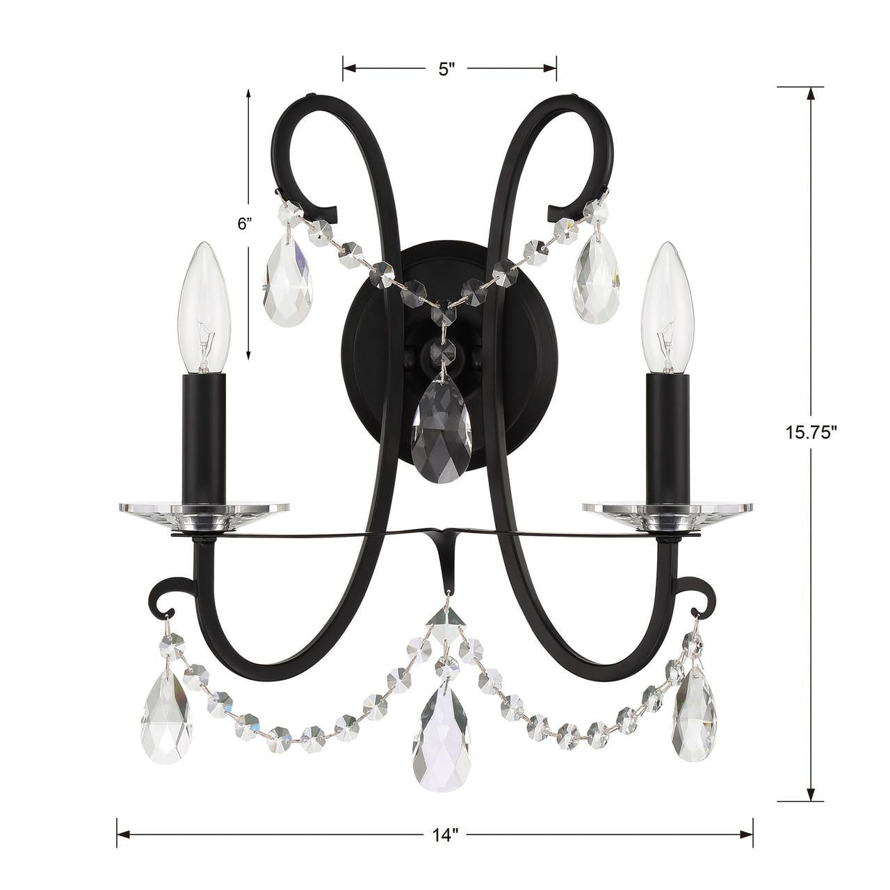 Crystorama Othello Wall Sconce - Matte Black, Hand Cut Crystal 16"H