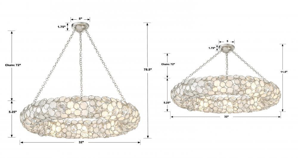 Crystorama Palla 8 Light Semi Flush Mount - Antique Silver, Hand Cut Crystal 5.25"H