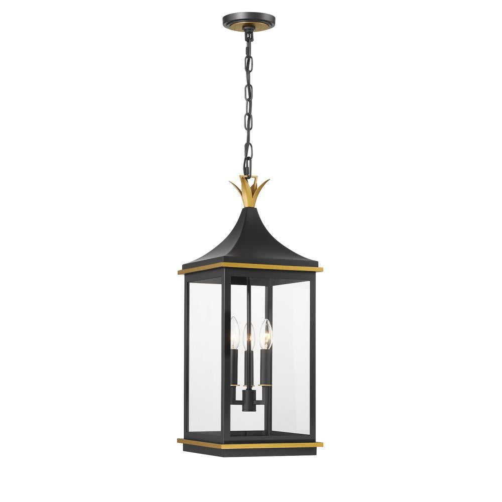 Crystorama Simpson 3 Light Outdoor Pendant Matte Black, Textured Gold