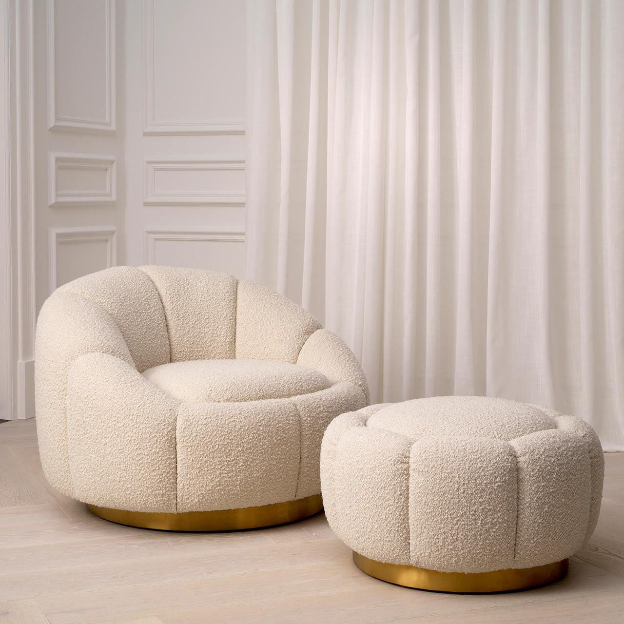 Eichholtz Inger Swivel Chair, Boucle Cream Fabric, Brushed Brass, 37.4"W (A115258 YV0J041VRA)