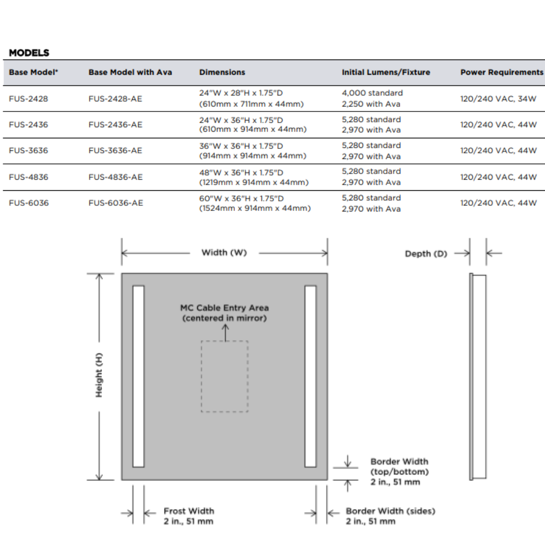 Electric Mirror Fusion Lighted Mirror, Ava Technology, Integrated LED, Clear, 36"H x 24"W x 1.75"D (FUS-2436-AE YUU6011Y22)