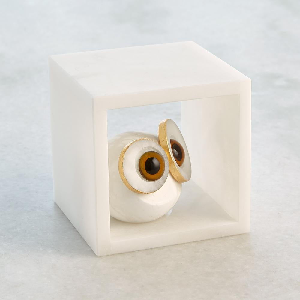 Global Views Alabaster Big Eyed Owl in Cube Small Sculpture