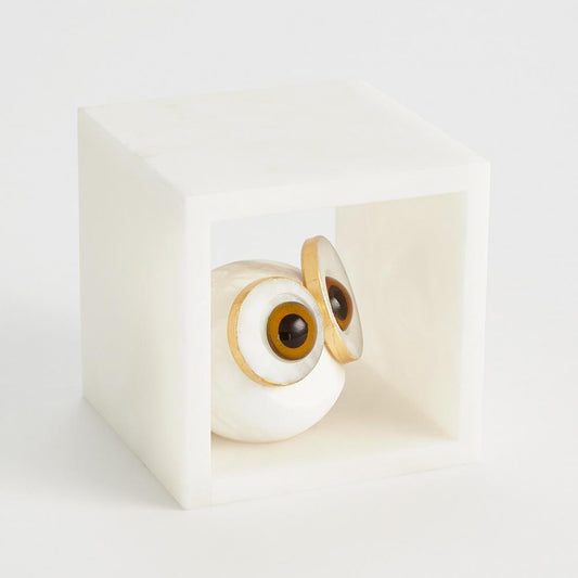 Global Views Alabaster Big Eyed Owl in Cube Small Sculpture