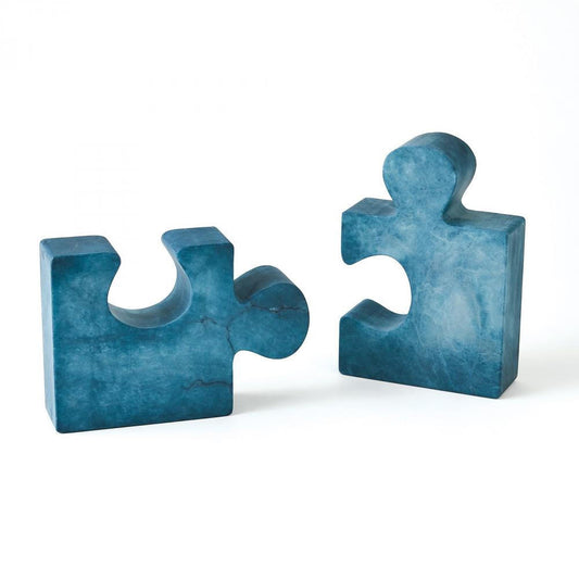 Global Views Set of 2 Alabaster Jigsaw Blue Bookends
