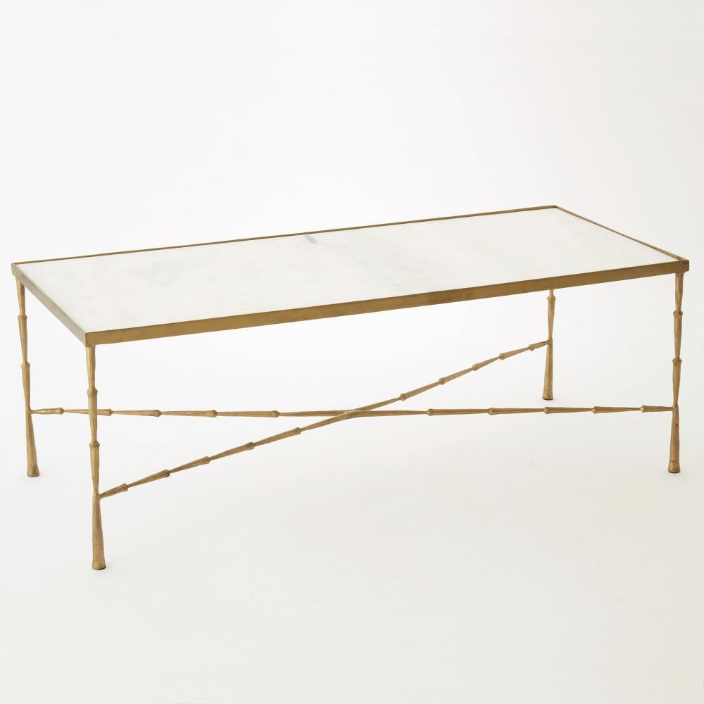 Global Views Spike Antique Brass with White Marble Top Cocktail Table