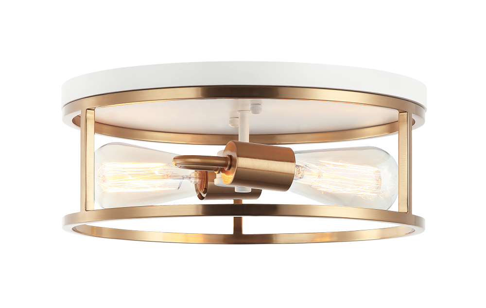 Matteo Lighting Clarke 2-Light Round Flush Mount White, Aged Brass