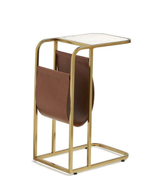 Maitland-Smith Alaska Side Table, Satin Brass, White Marble Top, Brown Leather Sleeve, 24"H (8384-32 YUU906TM9U)