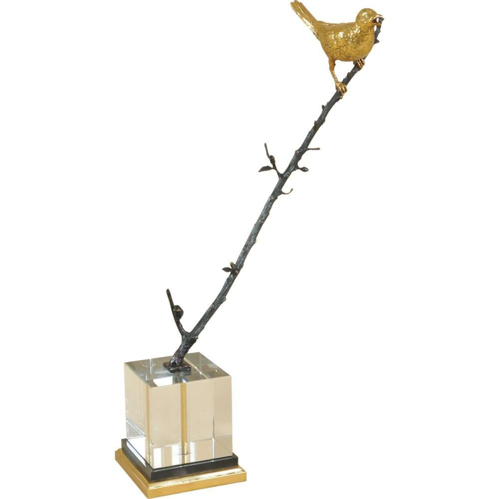 Maitland-Smith Bird Branch Sculpture Bronze, Amber