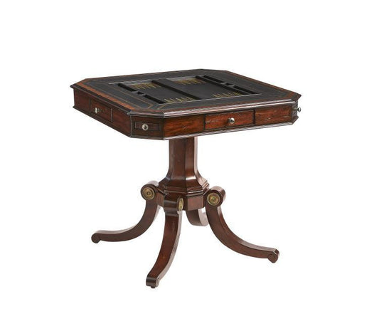 Maitland-Smith Choate Game Table, Frontier Mahogany, Distressed Black Leather Top, Old English Brass Accents, 34"W (8100-31 YUU906TN96)
