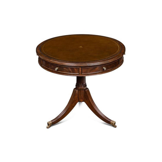 Maitland-Smith Flank Accent Table, Mahogany, Antique Brown Leather, Brass Accents, 30"W (89-1001 YUU906TP82)