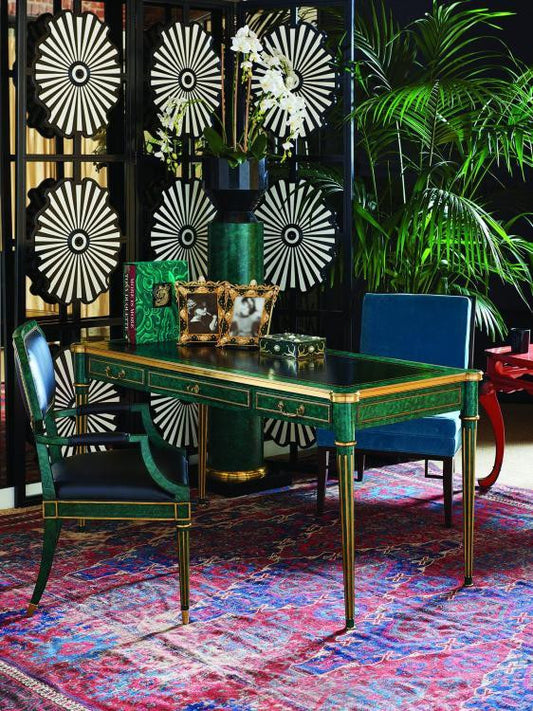 Maitland-Smith Malaquita Desk, Green Malachite, Black Leather, Brass Accents, 62"W (8115-55 YUU906TQ8U)