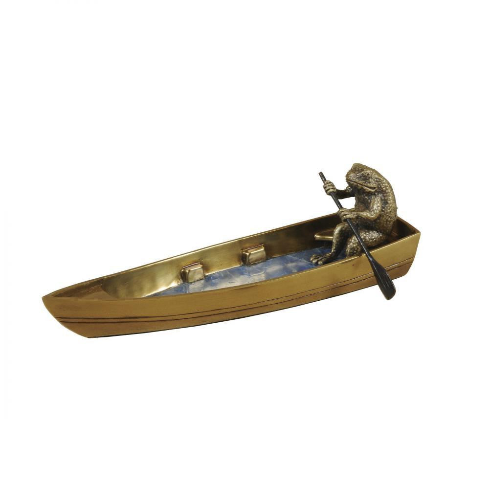 Maitland-Smith Rowing Frog Sculpture Cast Brass, Blue
