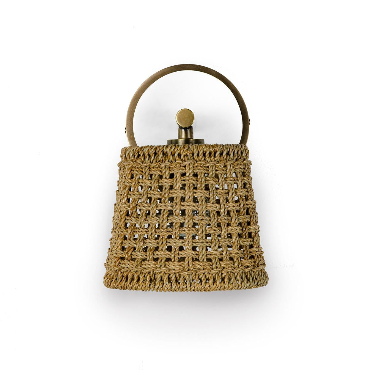 Palecek Winslow Wall Sconce, 1-Light, Antique Brass, White, Tan Rattan & Lampakanai Rope Shade, 5"W (2609-95 3706TN3Q)