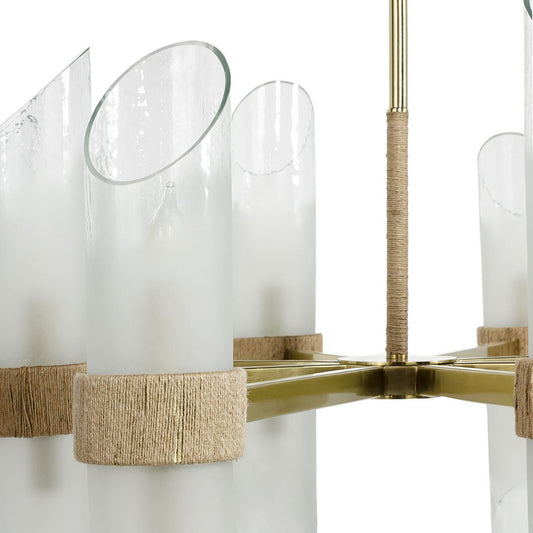 Palecek Yvonne Chandelier, 16-Light, Brass, Frosted Textured Glass Cylinder, 36"W (2296-79 3706TP3E)