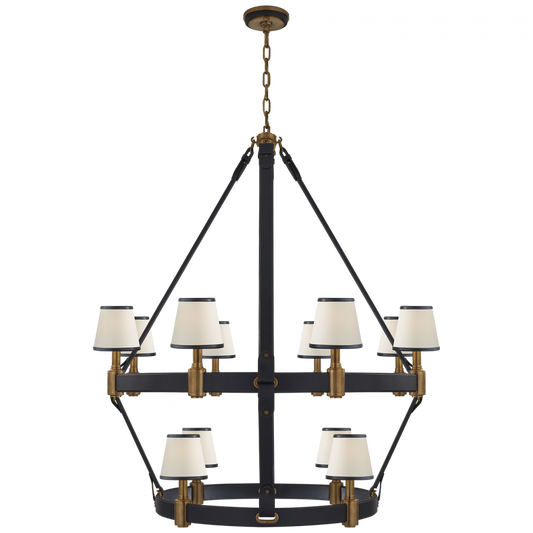 Ralph Lauren Riley Large Two Tier Chandelier Natural Brass and Navy Leather