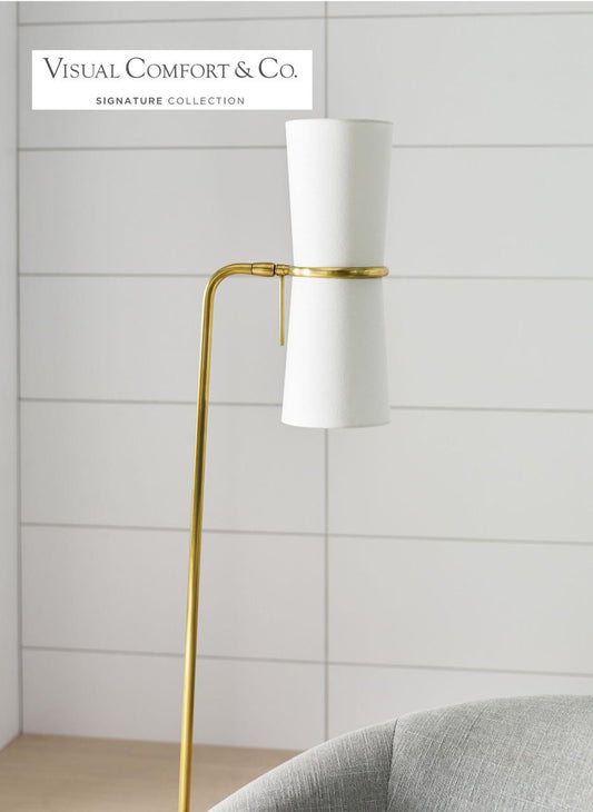 Visual Comfort & Co. Signature Collection Clarkson Floor Lamp, 2-Light, Hand-Rubbed Antique Brass, Linen Shade, 58.25"H (ARN 1003HAB-L 2K2Q3)