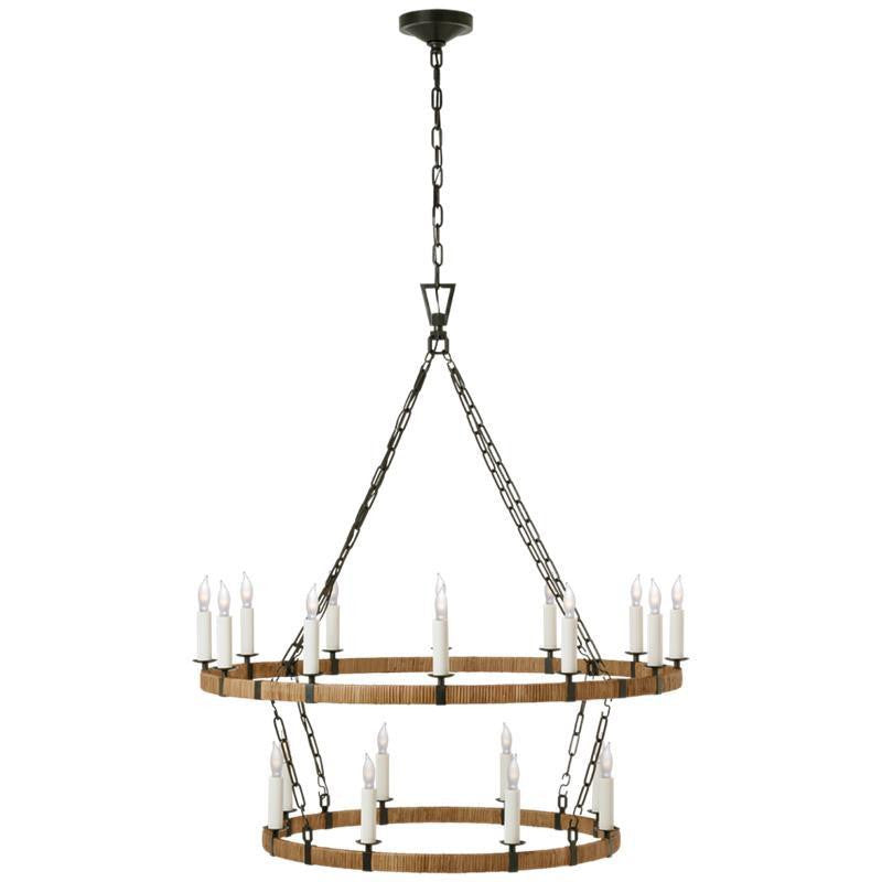 Darlana Large Two-Tier Chandelier - Aged Iron and Natural Rattan
