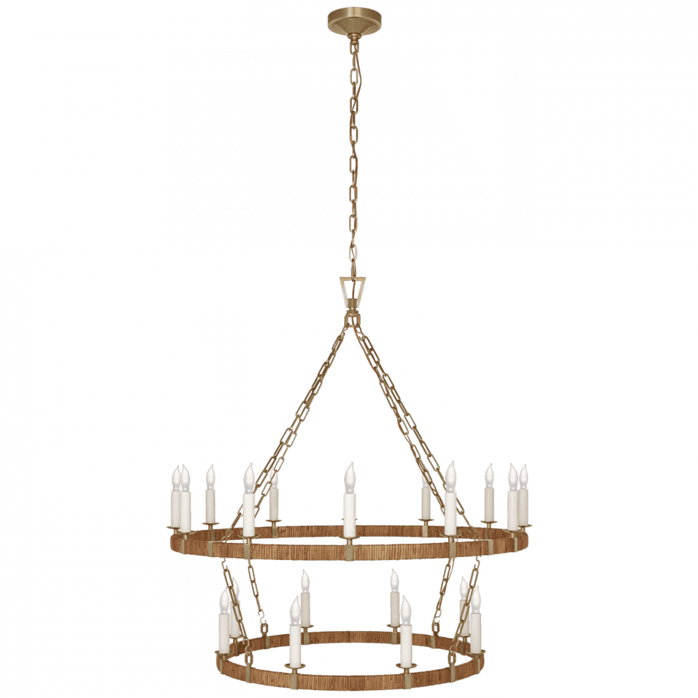 Visual Comfort Signature Darlana Large Two Tier Chandelier Antique-Burnished Brass and Natural Rattan