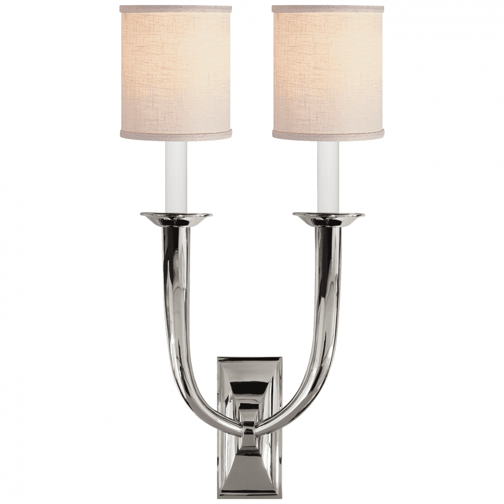 Visual Comfort & Co. Signature Collection French Deco Horn Double Wall Sconce, 2-Light, Polished Nickel, Linen Shade, 22"H (S 2021PN-L 2MZFD)